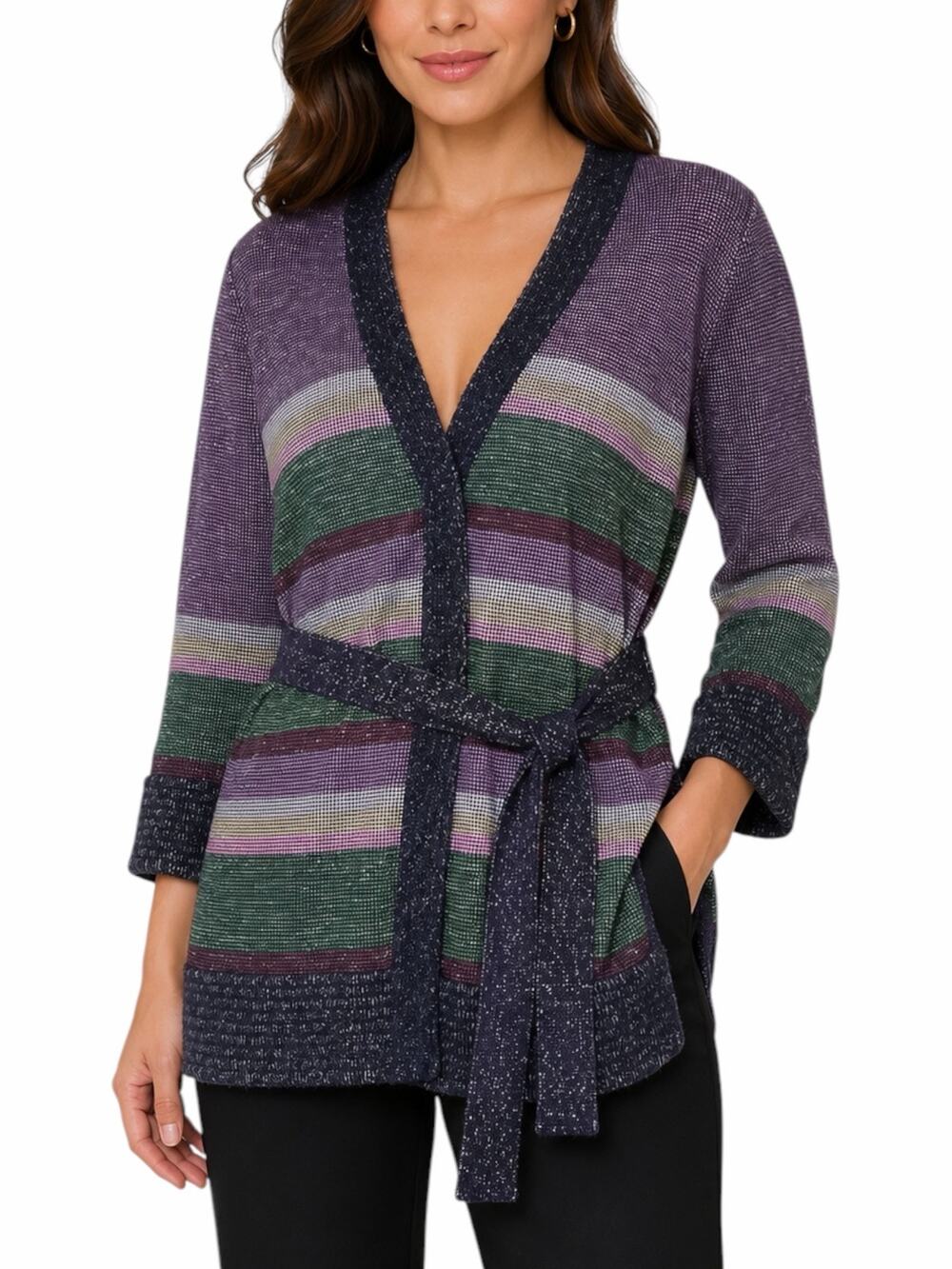 Missoni Metallic Striped Cardigan Color Block Belt Tie Size 6